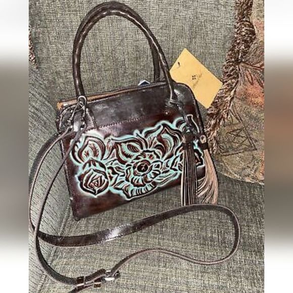 Patricia Nash Paris Satchel Tooled Turquoise‎ Brown Leather P018133 New - Picture 1 of 16